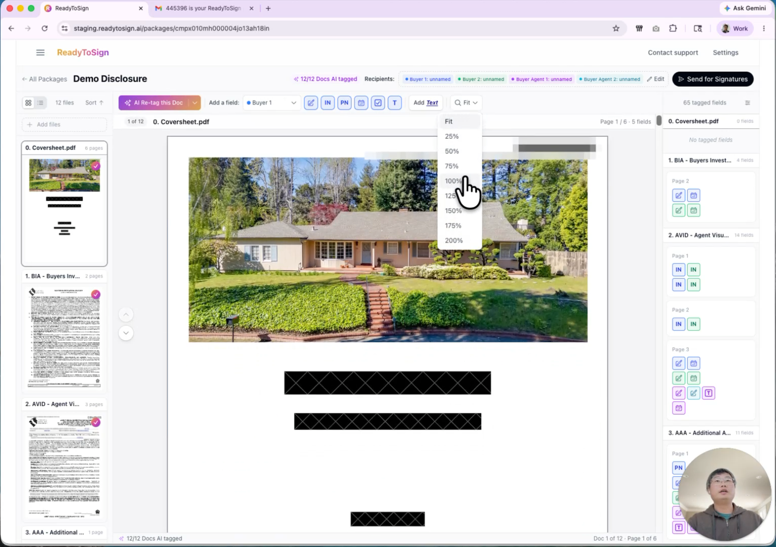 The three-pane review layout: document list, PDF view, field list