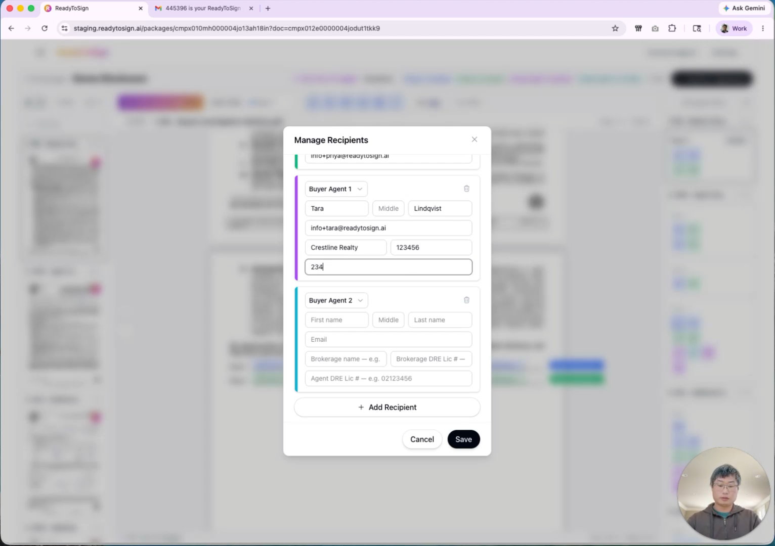 Editing a signer with name, brokerage name, and DRE