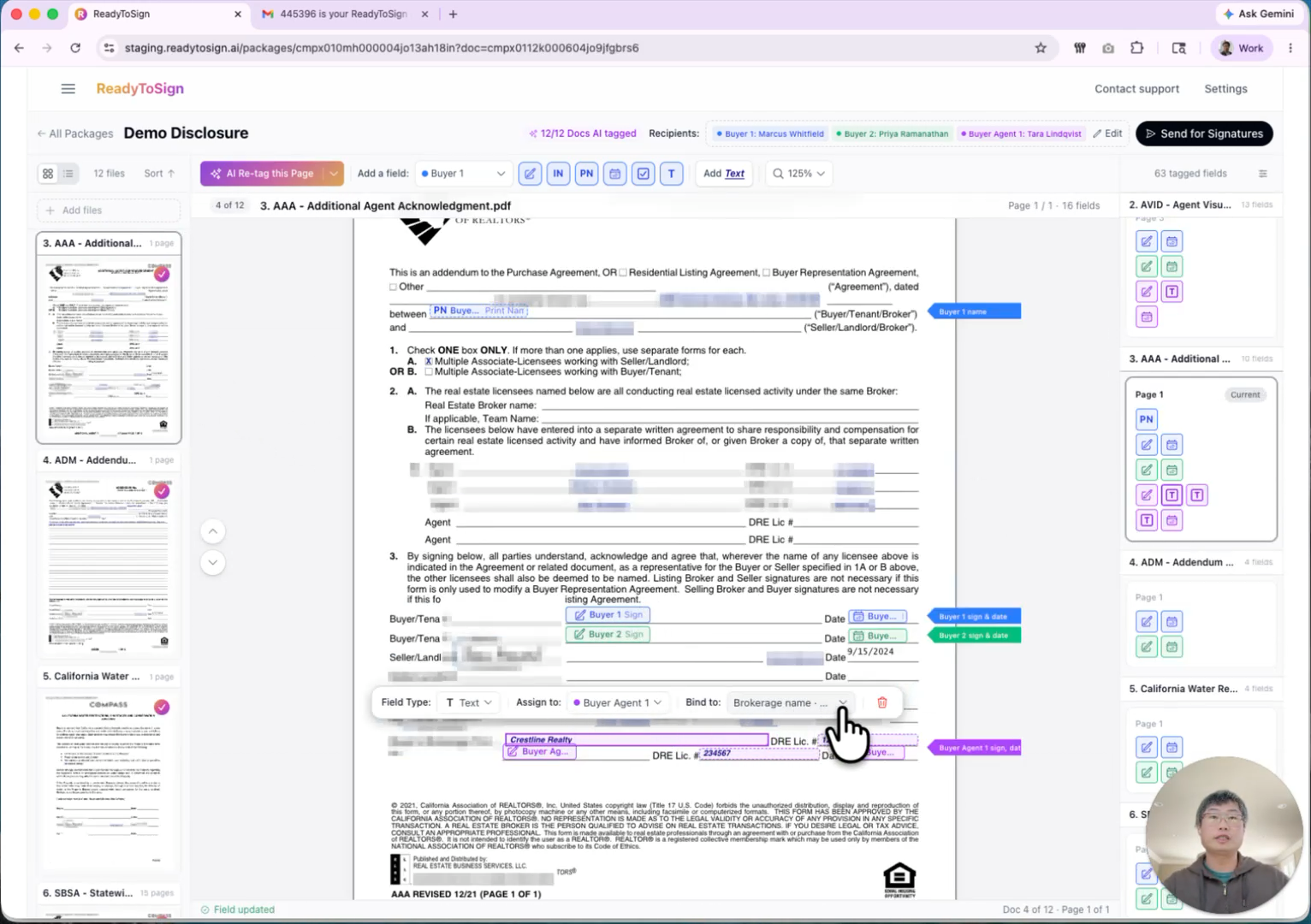 Field popup showing type and assigned signer