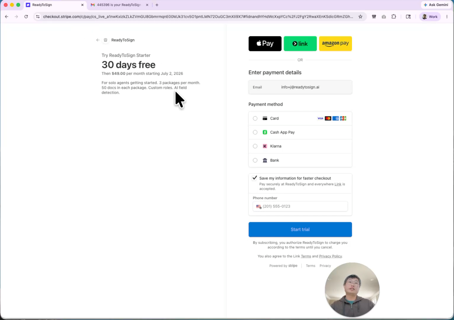 Stripe checkout for the Starter plan