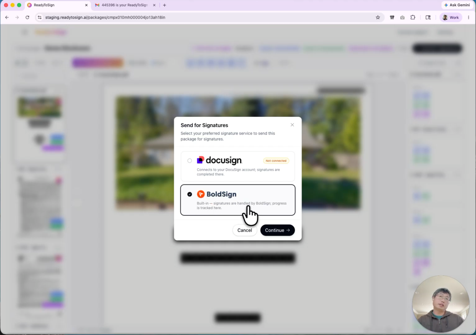 Service picker with BoldSign selected