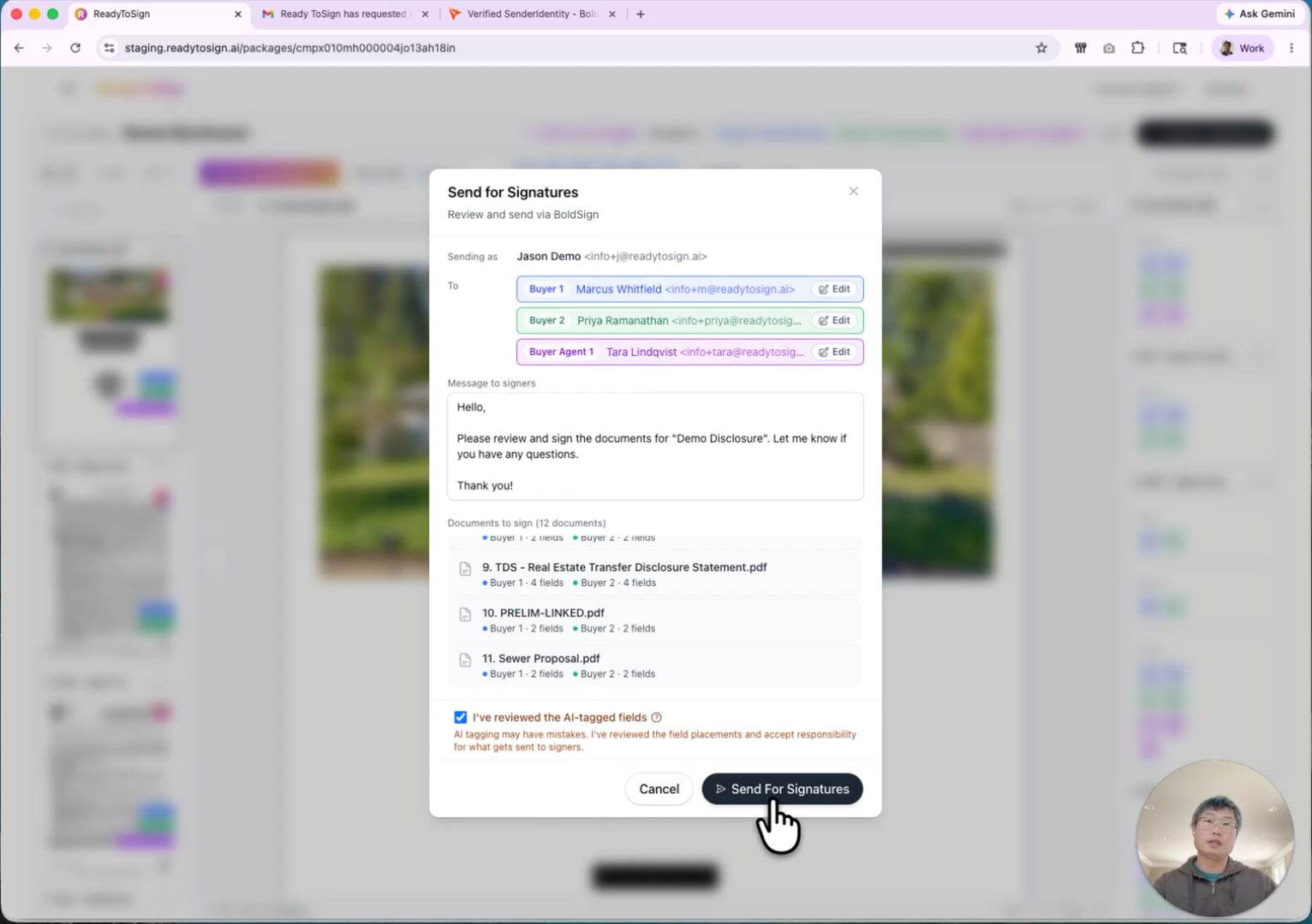 Send review screen with sender, recipients, message, and documents