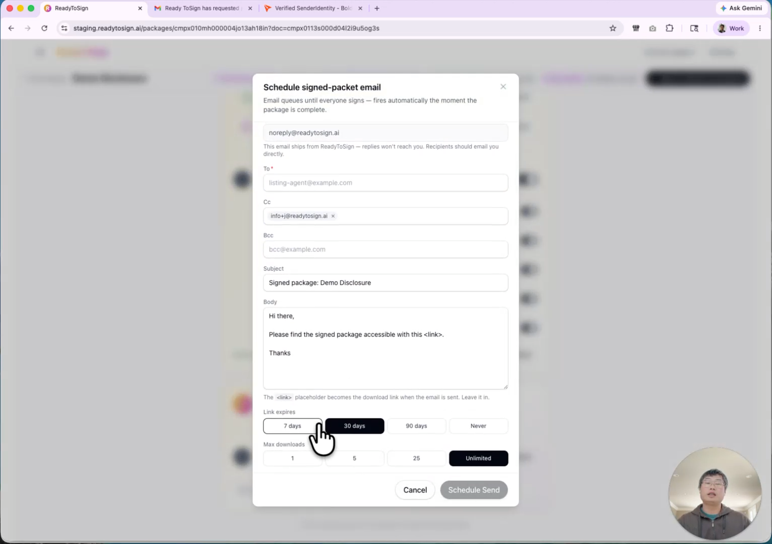 Schedule-email dialog with expiration and download limit
