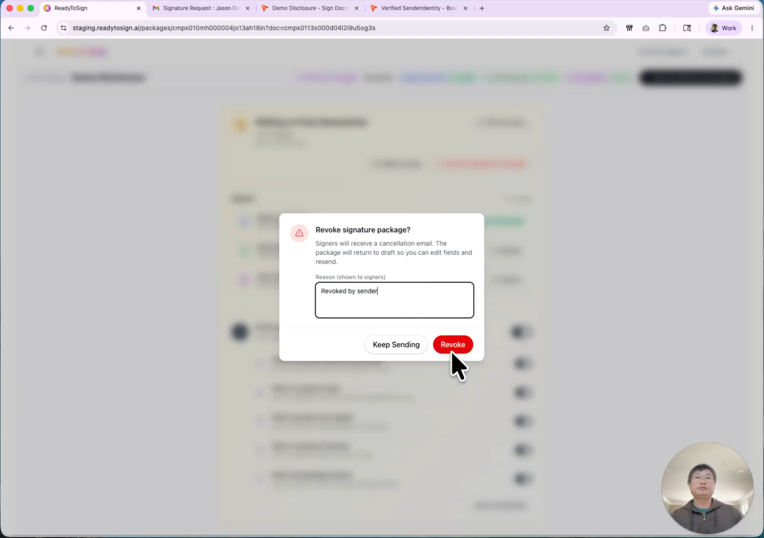 Revoke dialog requesting a reason