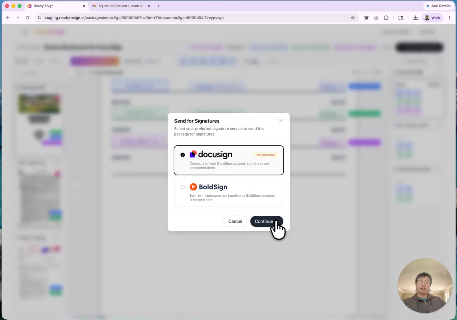 Service picker with DocuSign selected