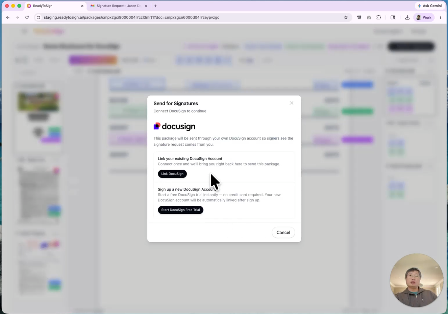 Link existing DocuSign or sign up screen