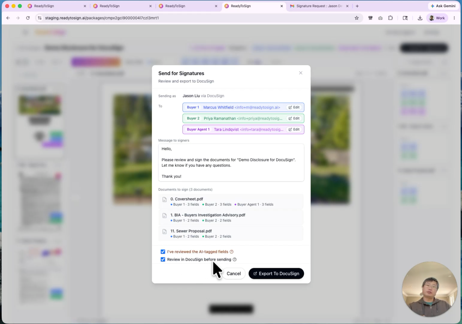 Send review screen with the review-in-DocuSign-first checkbox