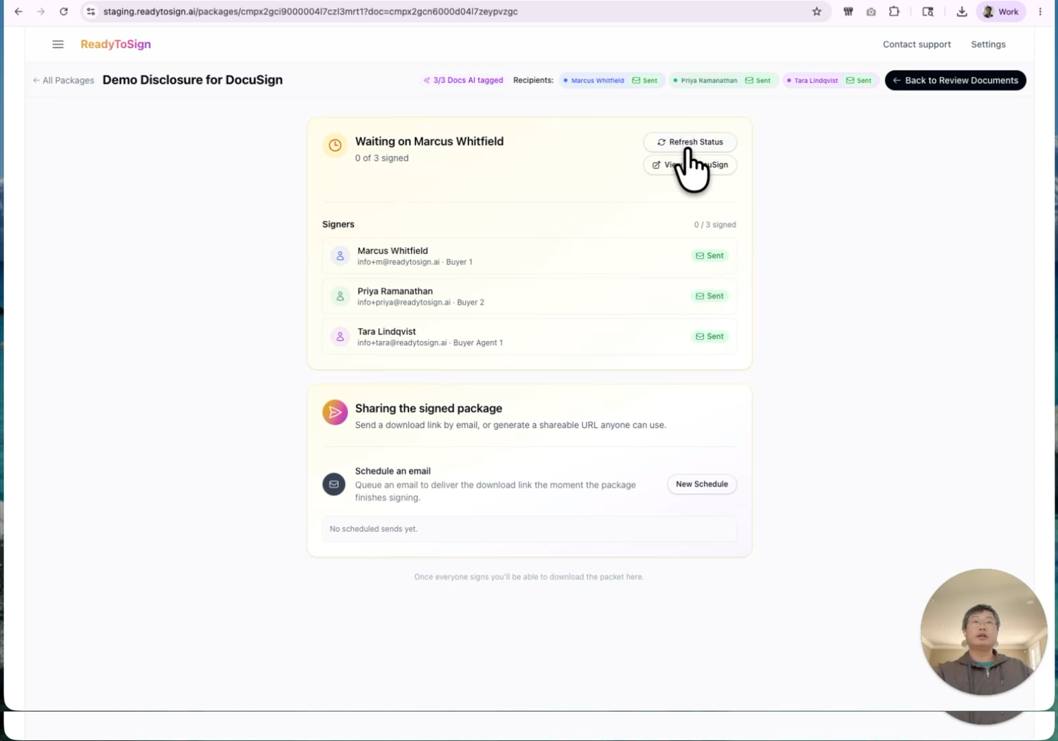 Post-send confirmation with refresh and open-in-DocuSign buttons