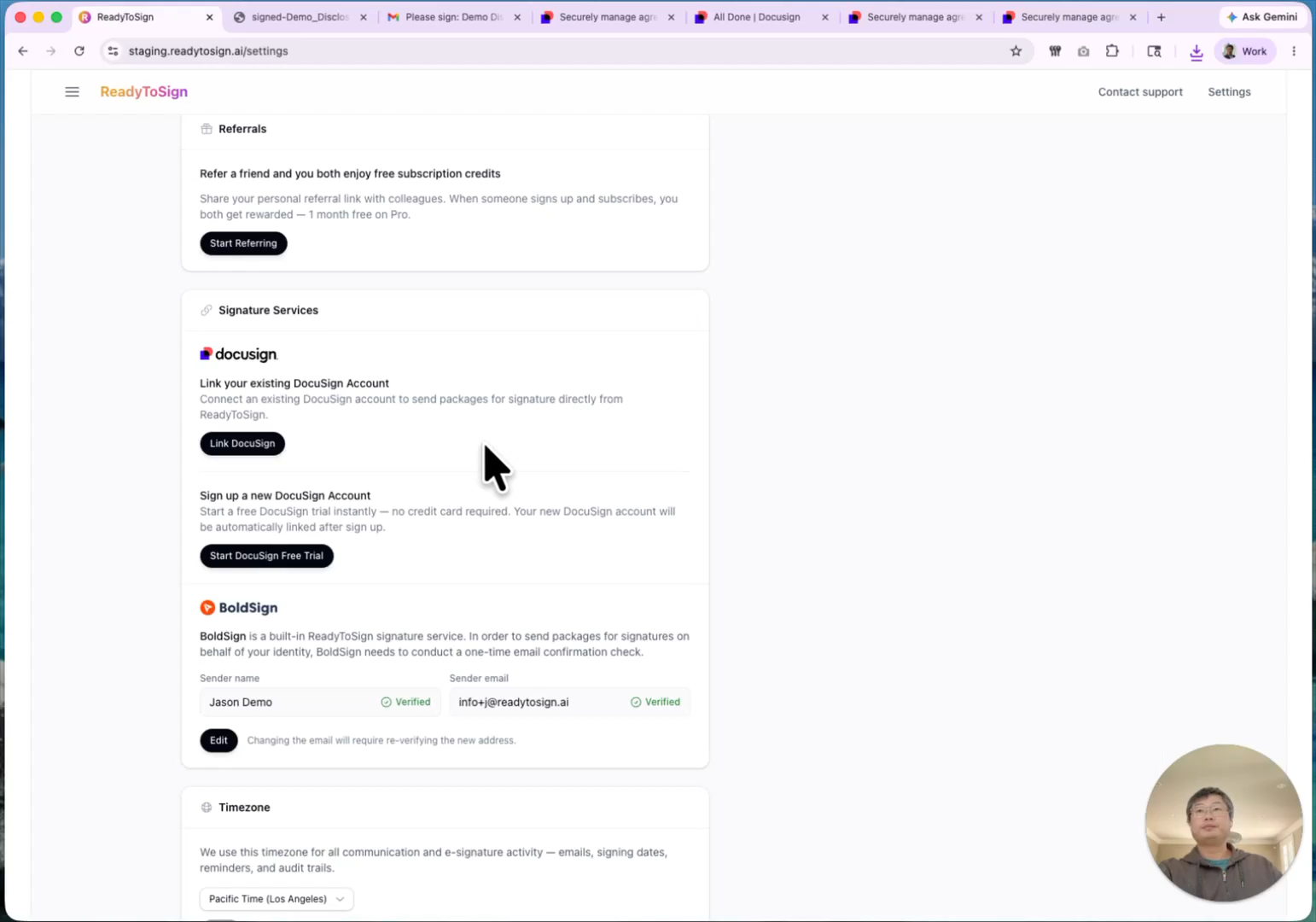 Settings panel with DocuSign disconnect, link, and sign-up options