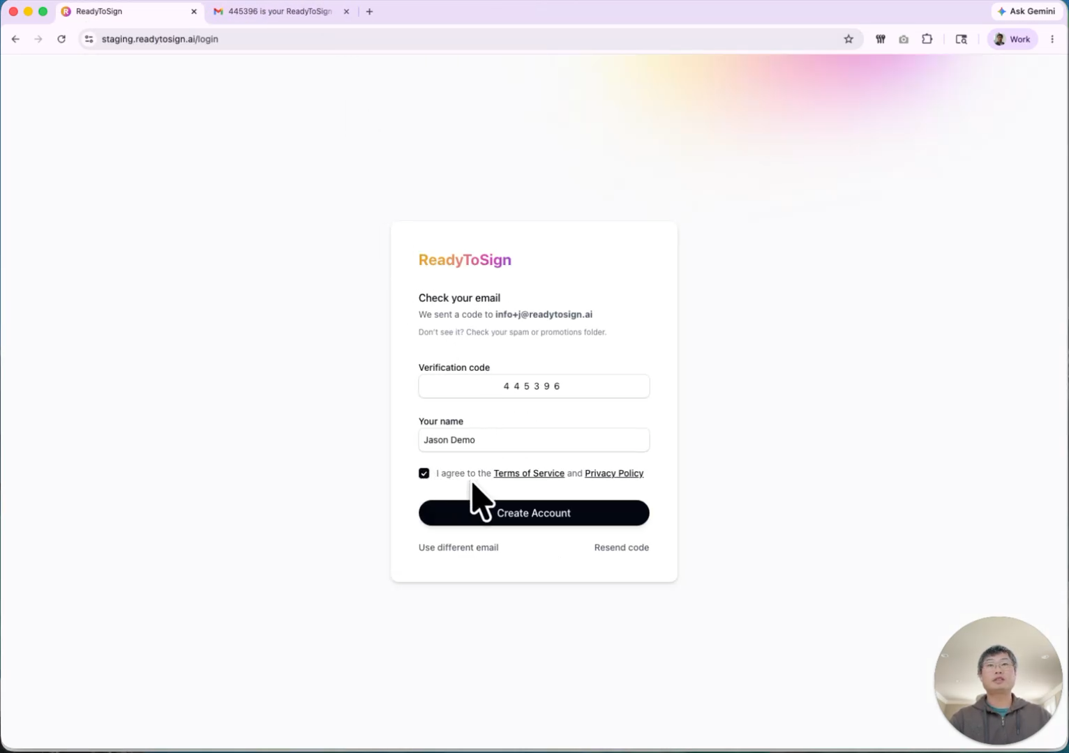 Name and terms acceptance screen
